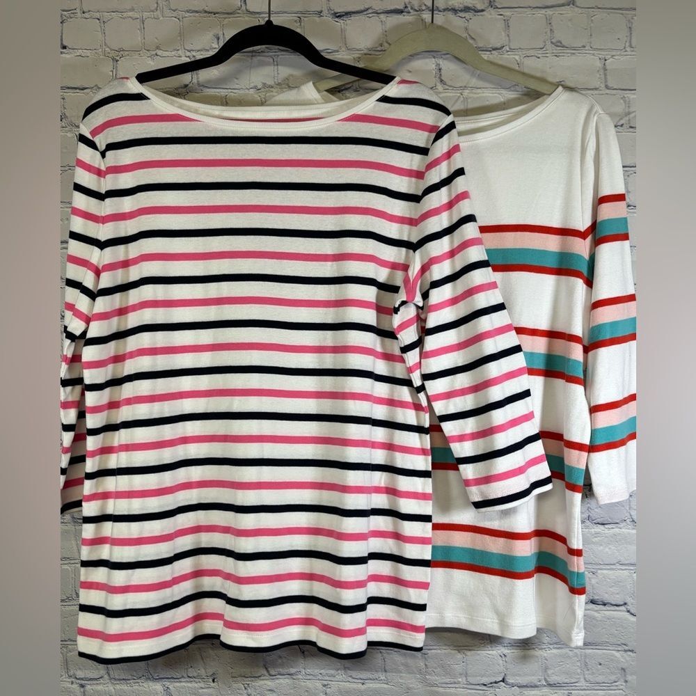 TWO Talbots Authentic Tee Pink White Nautical Preppy Striped Boat Neck Tops 1X